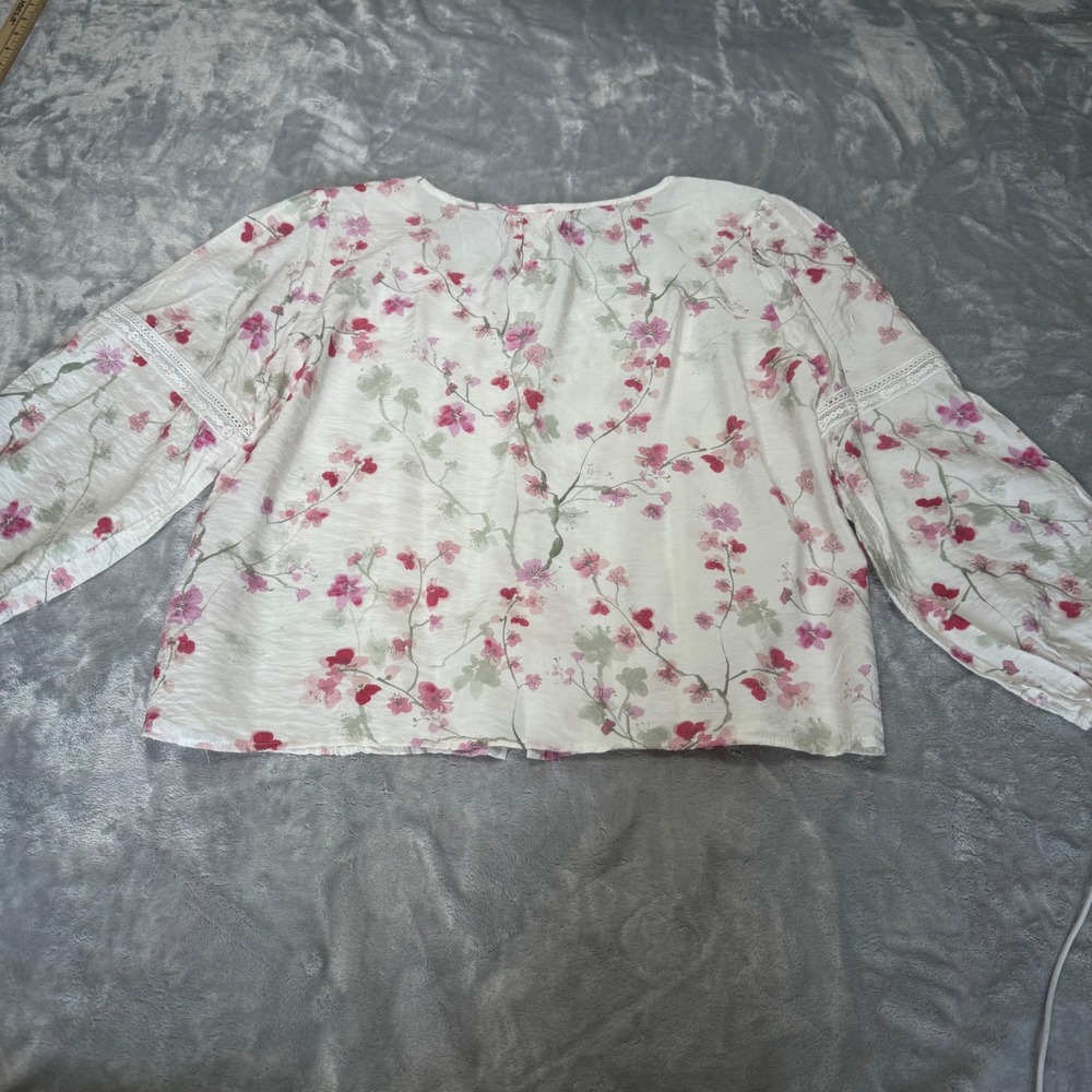 Hester & Orchard Floral Lace Trim Pintuck Button Front Blouse White Pink Medium - Picture 2 of 8